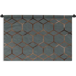 Wandkleed Luxe patroon - Luxe patroon van bronzen zeshoeken en ruiten tegen een donkerblauwe achtergrond Wandkleed katoen 60x40 cm - Wandtapijt met foto