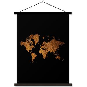 Wanddecoratie - Wereldkaart - Goud - Lijnen - Schoolplaat - 90x120 cm - Textielposter - Textiel poster