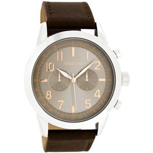 OOZOO Timepieces - Zilverkleurige horloge met donker bruine leren band - C6885