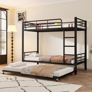 Sweiko IJzeren bed, Kinderbed, 90x200cm&90x190cm, Geschikt voor kinderen en tieners, met een uitschuifbaar bed, het bed heeft vier zijrails, ijzer, Zwart,