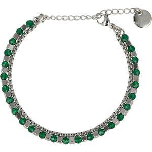 My Bendel - Zilverkleurige dubbele armband met groene glas stenen - Zilverkleurige dubbele armband met groene glas stenen - Met luxe cadeauverpakking