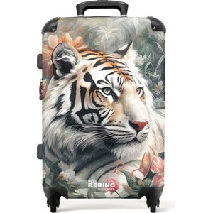 NoBoringSuitcases.com® - Koffer groot - Rolkoffer lichtgewicht - Tijger ligt tussen bloemen en planten - Reiskoffer met 4 wielen - Grote trolley XL - 20 kg bagage