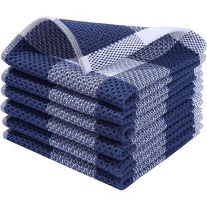 Set van 6 theedoeken, 100% katoen, 30 x 30 cm, zachte theedoeken, absorberend, keukendoeken, pluisvrij, plaidpatroon, vaatdoek, poetsdoeken, blauw en wit