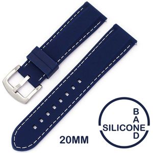 20mm Rubber Siliconen horlogeband Blauw met witte stiksels passend op o.a Casio Seiko Citizen en alle andere merken - 20 mm Bandje - blauw - Horlogebandje horlogeband