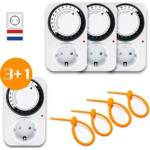 Colorful Sun® Tijdschakelaar - Timer stopcontact - 3+1 stuks - Schakelklok - Voor Binnen - Tijdschakelaars - 24 U-Timer - Vierkant - Analoog - Dagprogramma - Tijdschakelklok met Kinderbeveiliging - Energiebesparing - mechanisch stopcontact