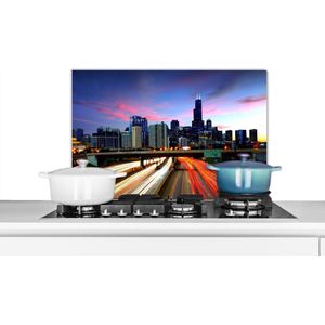 Spatscherm keuken - Chicago - Stad - Skyline - Licht - Auto - Amerika - Spatwand keuken - Kookplaat achterwand - 60x40 cm - Aluminium