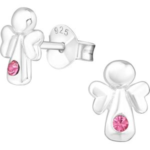 Joy|S - Zilveren engel oorbellen - kristal roze - 5 x 8 mm - kerst kinderoorbellen