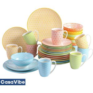 CasaVibe Luxe Serviesset – 32 delig – 8 persoons – Porselein - Bordenset – Dinner platen – Dessertborden - Kommen - Mokken - Set - Groen - Geel - Rood - Blauw - Multi Color