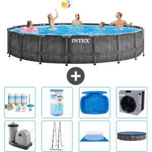 Intex Rond Prism Frame Greywood Zwembad - 549 x 122 cm - Inclusief Pomp - Ladder - Grondzeil - Afdekzeil Onderhoudspakket - Filter - Voetenbad - Warmtepomp