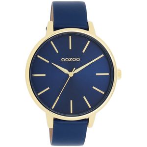 OOZOO Timepieces - Goudkleurige OOZOO horloge met donker blauwe leren band - C11292