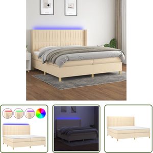 The Living Store Boxspring - LED - 203 x 203 cm - Crème - Ademend en duurzaam - Verstelbaar hoofdbord - Pocketvering matras - Huidvriendelijk topmatras - Kleurrijke LED-verlichting - Met montagehandleiding