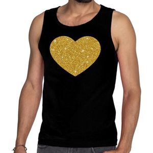 Gouden hart glitter tanktop / mouwloos shirt zwart heren - heren singlet Gouden hart L