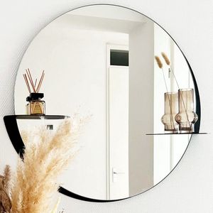 Indusigns Spiegel Rond - Wandspiegel met plank - Muurspiegel / Mirror / Glas: Ø50cm / Zwart / Organisch / Staal / Metaal / Design / Woondecoratie / Plankje / Uniek / Interieur - Modern / Industrieel - Hal / Toilet / Wc / Woonkamer / Slaapkamer