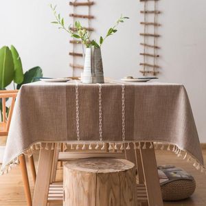Rechthoekig tafelkleed van katoen en linnen - robuust borduurwerk voor keuken eetkamer - 140 x 220 cm - lichtbruin Tafelkleed