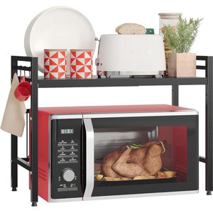 Magnetronhouder 2-traps organizer - bakkersrek met 8 haken - zwart - uittrekbaar van 40-60 cm - keuken opbergsysteem magnetronkast