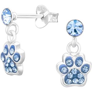 Joy|S - Zilveren kat hond dierenpoot oorbellen - bedel oorknoppen - poot afdruk - blauw kristal