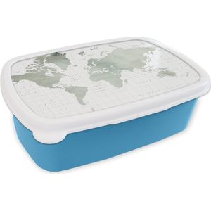 Broodtrommel Blauw - Lunchbox - Brooddoos - Wereldkaart - Waterverf - Grijs - 18x12x6 cm - Kinderen - Jongen