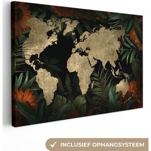 Canvas Wereldkaart - 140x90 - Wanddecoratie Wereldkaart - Vintage - Bladeren