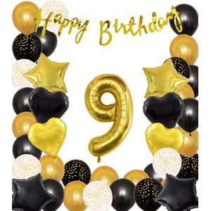Snoes Ballonnen 9 Jaar Black Gold Dots Mega Ballon - Compleet Feestpakket Goud Zwart Stippen Cijferballon 9 - Verjaardag Versiering DIY Slinger Happy Birthday – Folieballon – Latex Ballonnen - Helium Ballonnen