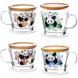 Panda Theeglazen met handvat, 4 stuks, koffieglazen met deksel, 400 ml, panda cadeau, cappuccinoglazen voor thee, koffie, water, latte macchiato, vaatwasmachinebestendig