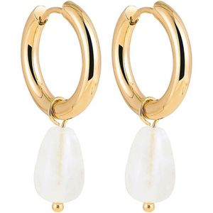 Roestvrij stalen gouden oorbellen met een teardrop hanger - hoops - druppel - natuursteen - wit - goud - rvs