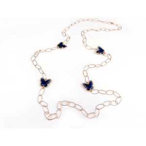 Zilveren halsketting halssnoer collier roos goud verguld Model Butterfly donker blauwe stenen