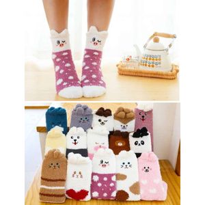 Fluffy sokken dames - 3 paar - giftbox - huissokken - roze - paars - bruin - grijs - leuke print beer - hond - kat - konijn - smile - 36-40 - cadeau voor haar - vaerjaardagscadeau - Kerst cadeau - zacht