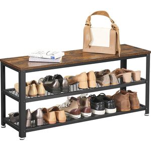 Signature Home Elite Shoe Storage schoenenbank, schoenenrek met 2 planken, schoenenopberger, Sandalen Showcase 100 x 30 x 45 cm, voor entrees, gangen, woonkamers, metalen frame, industrieel design, vintage bruin-zwart