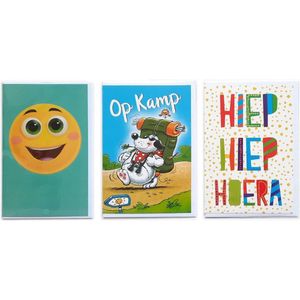 3 Wenskaarten – Op Kamp + Hiep Hiep Hoera + Smiley – 12 x 17 cm – KAM-302