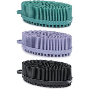 Siliconen Lichaamsborstel voor Zachte Exfoliatie en Diepe Reiniging - Dubbelzijdige Doucheborstel voor Intensieve Massage - Zwart & Lavendel & Groen