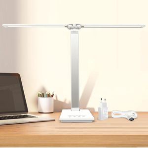 Bureaulamp, dubbele kop, krachtige led-bureaulamp, 13 W, met adapter, 5 kleurmodi en dimbare helderheid, oogbescherming, opvouwbare tafellamp met USB-poort en timer [Energieklasse F]