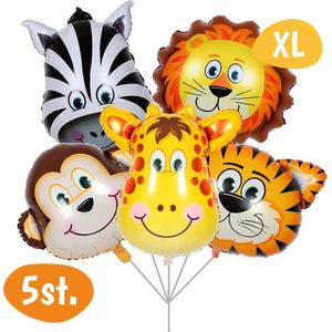 Jungle Folie Ballonnen Set - 5 Jungle Ballonnen Dieren (Zebra, Leeuw, Giraffe, Tijger, Aap) - Geschikt voor Helium - Versiering voor Kinderfeestje & Verjaardag Decoratie