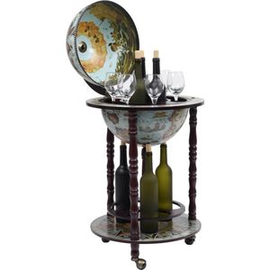 Drankbar wereldbol - barwagen - massief houten - bar op wielen - 16e eeuwse stijl - Italiaans design - hout -  Wereldbol bar - wijnrek - tafel - mobiele bartafel - uniek - minibar - Donkerbruin - Zeeblauw
