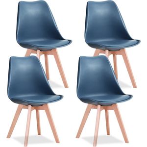 Roggi® Eetkamerstoelen – Set van 4 – Keukenstoelen – Kuipstoelen - Gestoffeerde Stoelen – PU Gewatteerde Zitting – Poten van Beukenhout – Waterbestendig – Zithoogte 44 cm – Draagvermogen 120 kg – Blauw