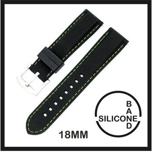 18mm Rubber Siliconen horlogeband zwart met groene stiksels passend op o.a Casio Seiko Citizen en alle andere merken - 18 mm Bandje - Horlogebandje horlogeband