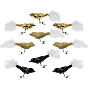 Decoris Kerst vogeltjes - 9x st - op clip - goud/zwart - 8 cm - glas - kerstornamenten