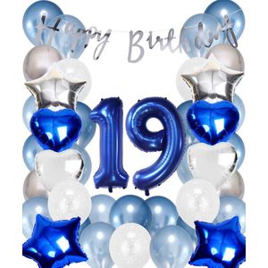 Snoes Ballonnen 19 Jaar Set Mega Blauw Zilver Ballon - Compleet Feestpakket Cijferballon 19 Jaar - Verjaardag Versiering Slinger Happy Birthday – Folieballon – Latex Ballonnen - Helium Ballonnen