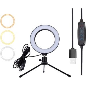 Ringlamp met statief voor op Tafel of Bureau - 16cm - Zwart - 6,5W -3 kleuren licht - DImbaar - USB stekker met 2 meter kabel