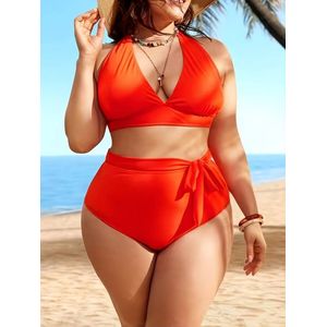 Grote maten effen haltertop bikini set met zijstrikt slipje- 2-delige zwempak set voor dames- Badpak Zwemkleding Strandkleding 007- Oranje- Maat 4XL