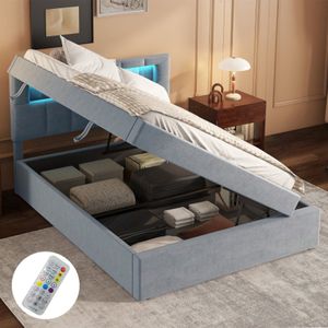 Vlak bed, 90 x 200 cm, gestoffeerd bed, sfeerverlichting bij het hoofdeinde, aan één kant open, minimalistisch design, veel opbergruimte, verstelbaar hoofdeinde, fluweel, grijs