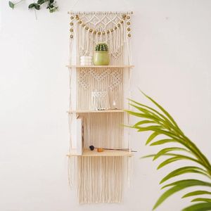 Wandrek voor macramé, boho-decor, 3-traps zwevende planken, wandtapijt, handgeweven met houten plank, natuurlijk hangrek, chic, drijvende kwast, planken voor badkamer, woonkamer, balkon