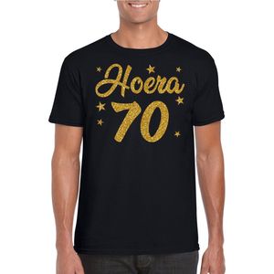 Hoera 70 jaar verjaardag cadeau t-shirt - goud glitter op zwart - heren - cadeau shirt M
