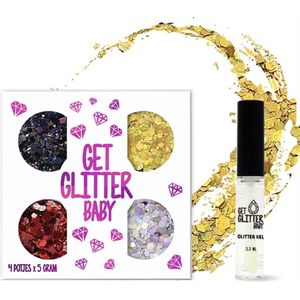 GetGlitterBaby® - Glitter Set Chunky Festival Glitters voor Lichaam en Gezicht Glitterset / Face Body Glitterlijm Set / Gel Glittergel Halloween - 4 Potjes - en Glitter Lijm HuidLijm / Zwart / Goud / Rood / Zilver