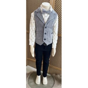 luxe jongens kostuum-kinderpak- kinderkostuum-3 delige set -wit marineblauw bedrukte vest, broek, bedrukte hemd, vlinderstrik-bruidsjonkers-bruiloft-feest-verjaardag-fotoshoot- 3 jaar