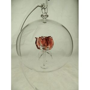 Glasdecoratie - hanger - 10 cm rond - glasbol - mondgeblazen - rode roos - bloemen