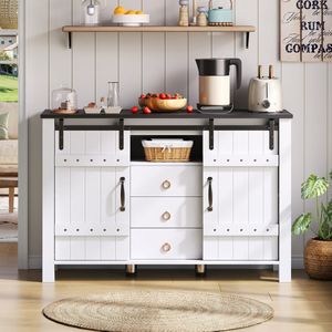 Sweiko Dressoir - Schuifdeuren - 3 lades - Retro houten tafelblad - Wit