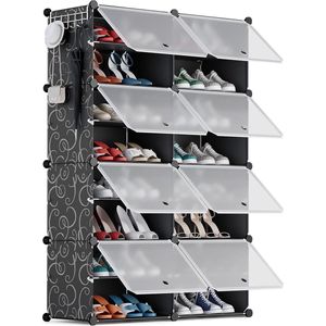Schoenenrekken voor 32 paar schoenen, Schoenenkast met 2 x 8 niveaus, Stofdicht schoenenrek, Schoenenopslag voor gang, slaapkamer, kledingkast, entreegebied - Zwart