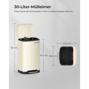 Premium Wit Prullenbak - Afvalbak - 30 liter - Prullenbakken - Pedaalemmer van Staal - met binnenemmer en deksel - Soft Close - Romig Wit