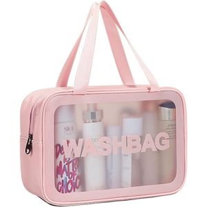 Toilettas, Make Up Tasje, Transparant, Toilettassen, Make Up Koffer, Beautycase, Make Up Organizer, Make Up Tas, Reistas, Toilettas Dames, Etui, Beautycase Koffer, Cosmetica Tas, Verjaardag, Moederdag, Valentijnsdag, Cadeautje, PVC, ROZE
