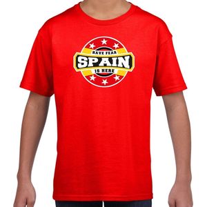 Have fear Spain is here t-shirt met sterren embleem in de kleuren van de Spaanse vlag - rood - kids - Spanje supporter / Spaans elftal fan shirt / EK / WK / kleding 122/128